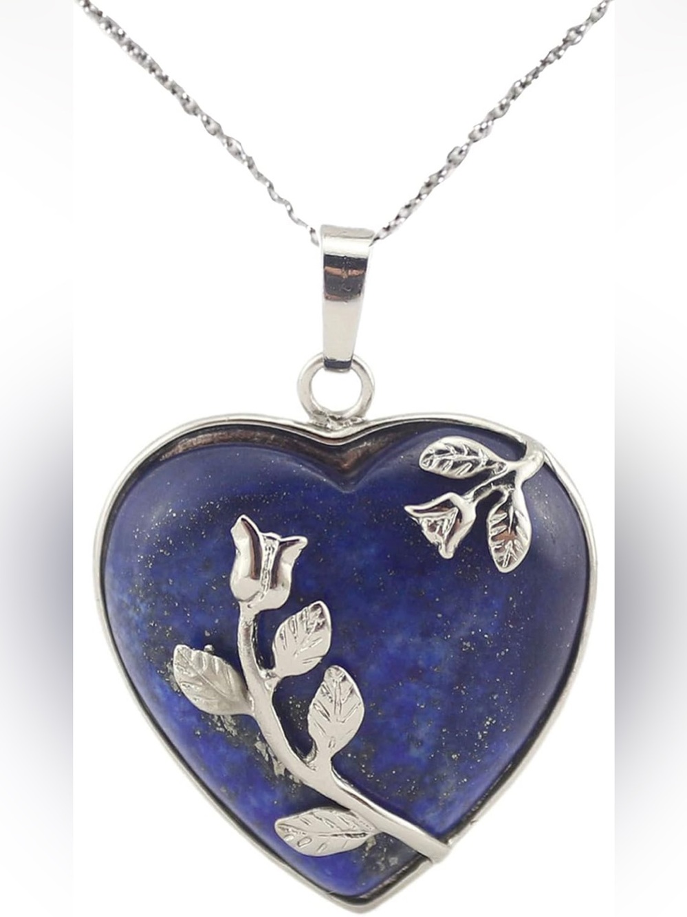 Deep Blue Lapis Lazuli Sterling Heart Pendant Delicate Silver Rose Leaf 20-In